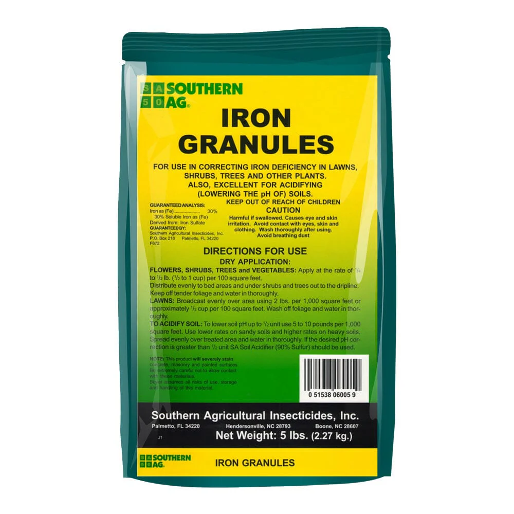 Iron Granules for Lawns, Trees & Gardens | Corrects Yellowing & Lowers Soil pH- 5 lb. bag